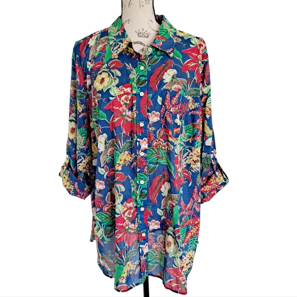 SOLD Talbots Floral tropical Hawaiian button up cotton summer shirt top Size 2X - Picture 9 of 14